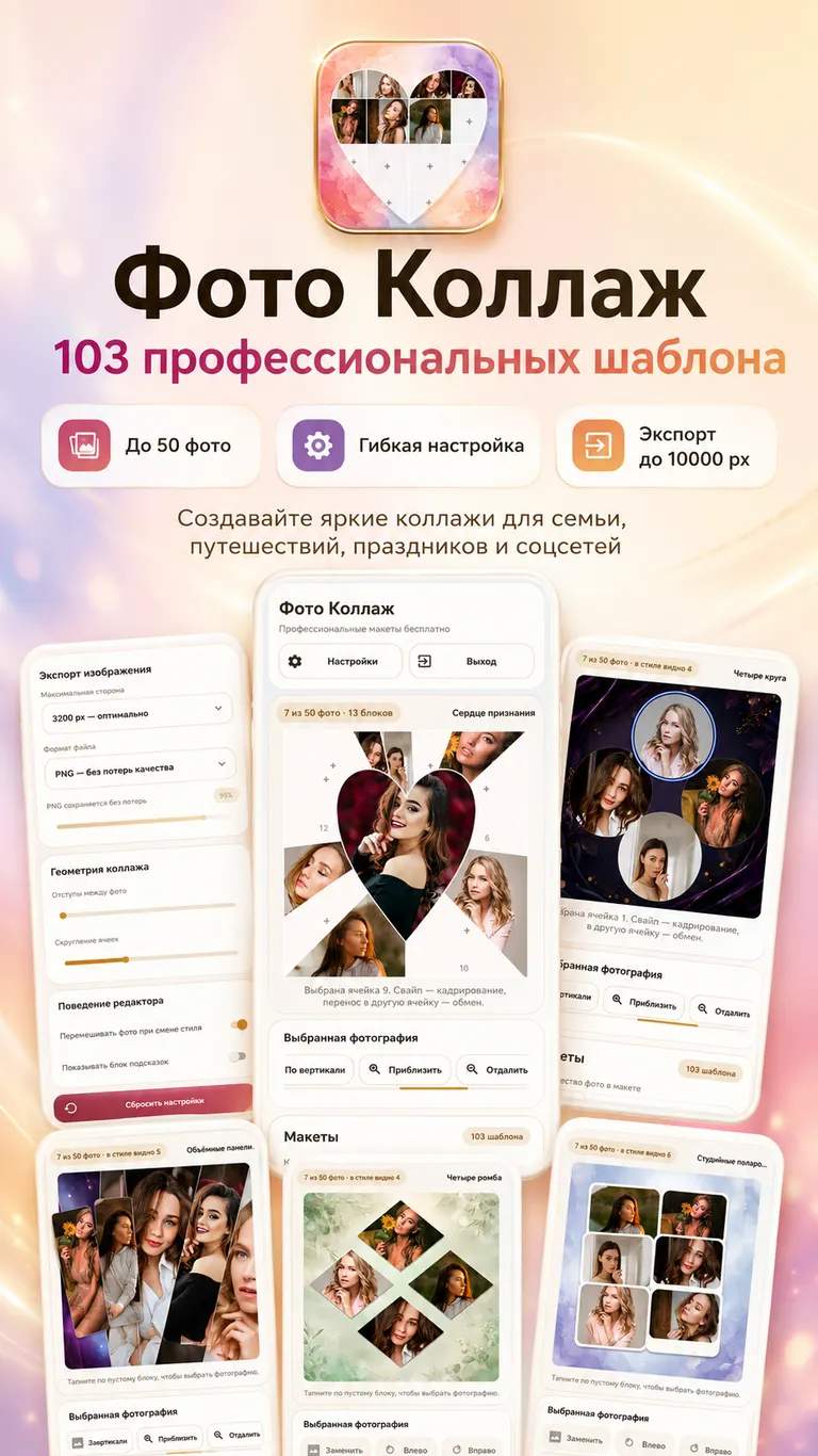 Создавайте коллажи: 103 премиум шаблона, фоны и экспорт до 10000 px.