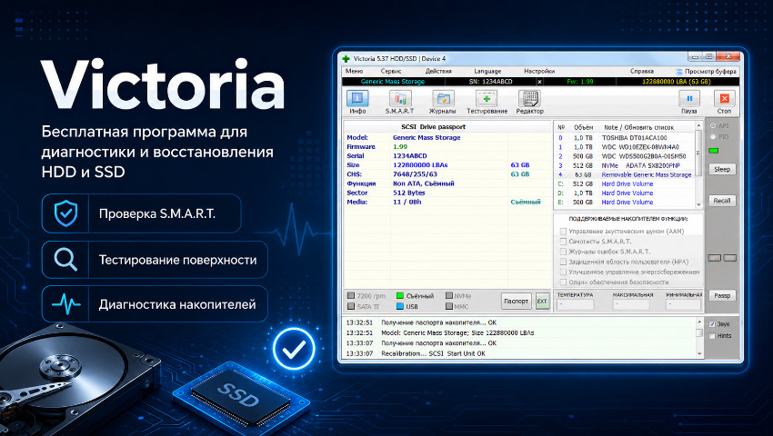Victoria - бесплатная программа для диагностики и восстановления HDD, SSD, USB флеш дисков