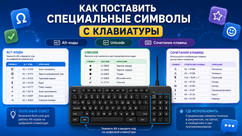 Как напечатать специальные символы с клавиатуры: Alt-коды, Unicode и сочетания клавиш
